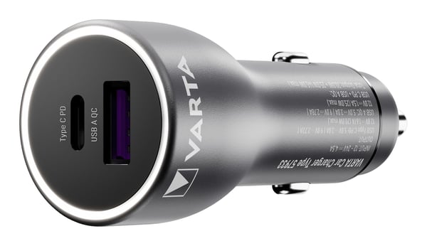 Varta - Strömadapter för bil - 45 Watt - 3 A - QC, PD - 2 utdatakontakter (USB, 24 pin USB-C)