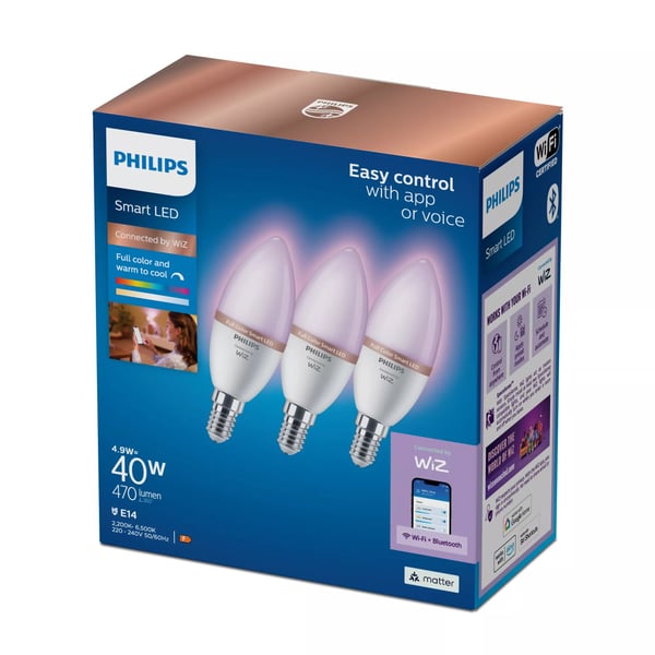 Philips - LED - form: C37 - glaserad finish - E14 - 4.9 W (motsvarande 40 W) - klass F - cool white/warm white - 2200-6500 K (paket om 3)