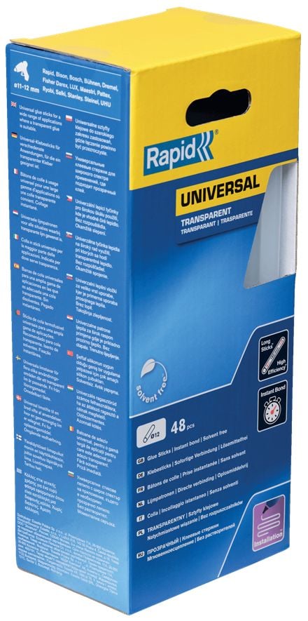 Rapid 12 mm Transparente limstifter for universal bruk, 48 stykker, Boks, 880 g, 73 mm, 212 mm, 100 mm