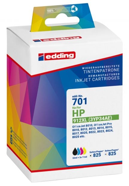 Edding EDD-701, musta, Syaani, Magenta, Keltainen, 32 ml, 11 ml, 4 kpl, 825 sivua, Monipakkaus