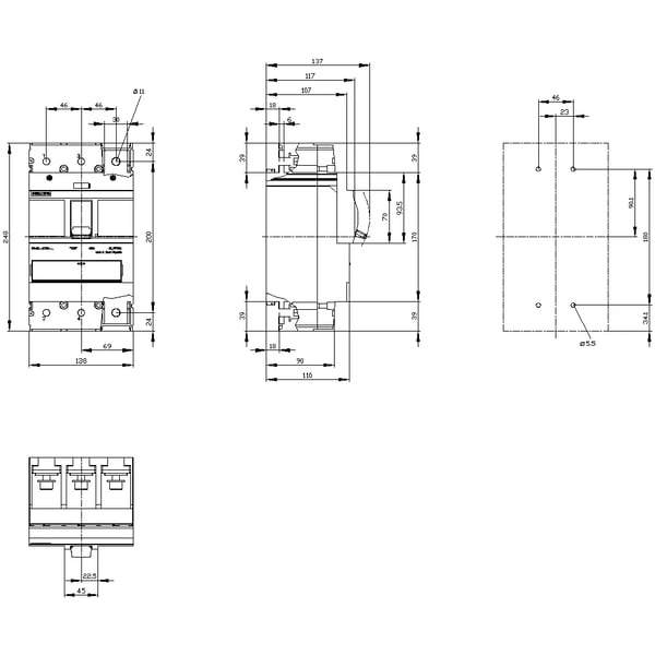 Siemens 3VA1340-7EF32-0AA0 katkaisija, 1 kpl Säätöalue (virta): 280–400 A Kytkentäjännite (maks.): 690 V/AC, 500 V/DC (L x K x S) 138 x 248 x 110 m...