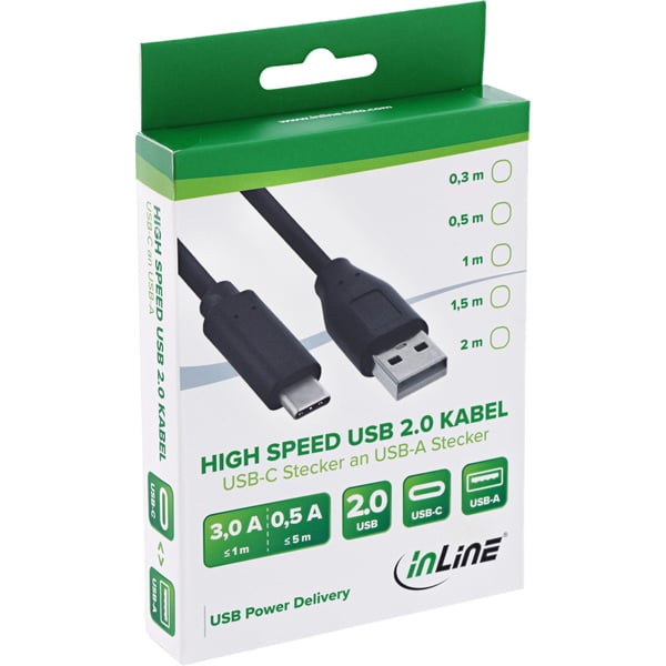 InLine 35737, 0,3 m, USB A, USB C, USB 2.0, 0,48 Gbit/s, Svart