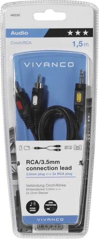 Vivanco VVAJACK2RCA18MMK, 2 x RCA, Hankjønn, 3.5mm, Hankjønn, 1,5 m, Svart