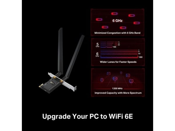 TP-Link Archer TXE72E, Intern, Trådlös, PCI Express, WLAN / Bluetooth, 2402 Mbit/s, Svart