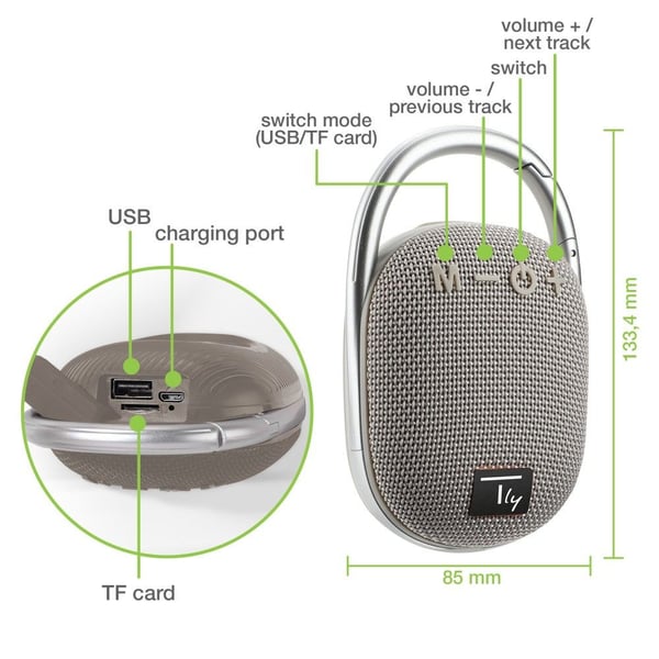 Techly ICASBL321GR, 4,5 cm, 5 W, 120 - 20000 Hz, 4 O, 90 dB, Langallinen & langaton