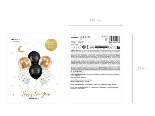 PartyDeco Happy New Year, Ilmapallo, Musta, Kulta, Valkoinen, Uuden vuoden aatto, Ovaali, 30 cm, 6 kpl
