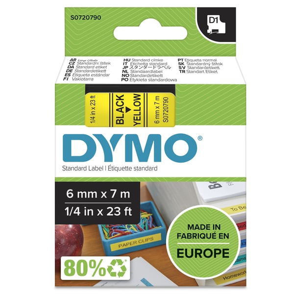 DYMO D1 - Självhäftande - svart på gult - Rulle (0,6 cm x 7 m) 1 kassett(er) etiketttejp - för LabelMANAGER 150, 350, 350D, 450, 450D, PC; LabelPOI...