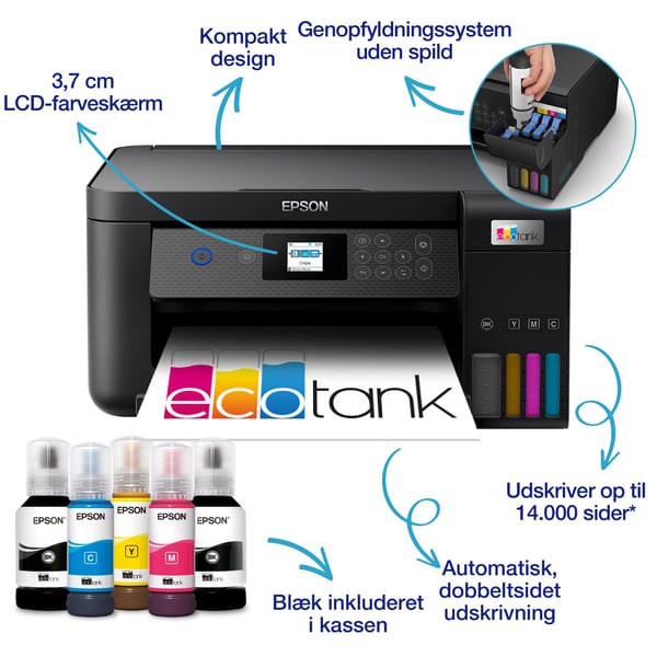 Epson EcoTank ET-2850 - Multifunksjonsskriver - farge - ink-jet - A4 (medie) - opp til 10.5 spm (trykking) - 100 ark - Wi-Fi, USB - svart