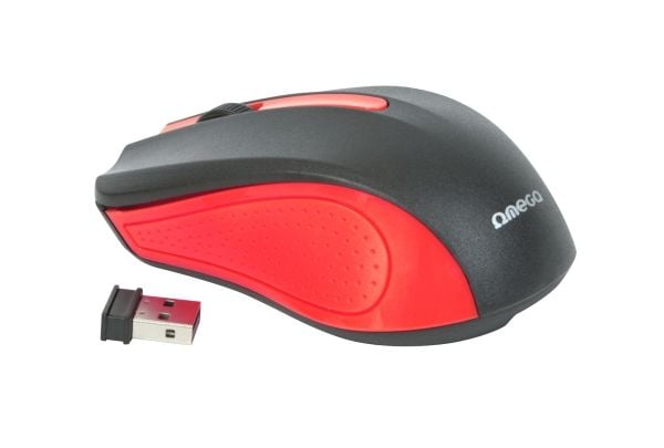 Omega OM-419, Ambidekstriøs, Laser, RF kabel-fri, 1000 DPI, Sort, Rød