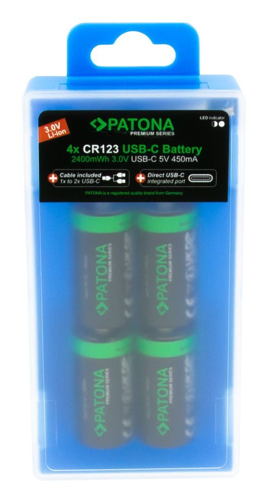 PATONA CR123A, Oppladbart batteri, CR123A, Lithium, 4 stykker, 450 mAh, 34,2 mm
