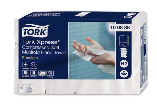 Tork Premium H2 M-Fold 2-lags komprimerte jomfrufiberhåndklær, hvite - (12 pakker x 170 stk.)