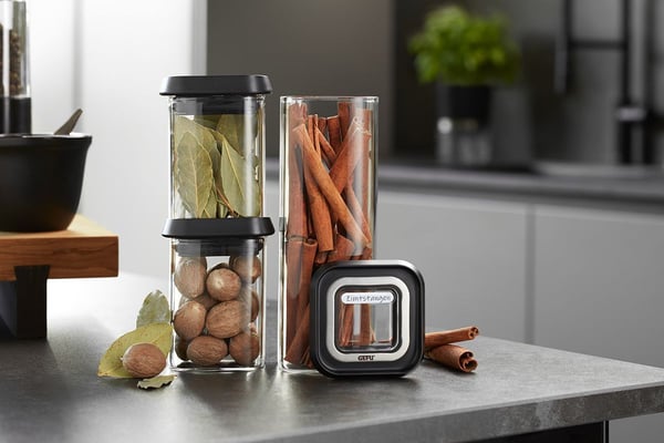 GEFU PANTRY mini, Säilö, Suorakulmainen, 0,18 L, musta, Läpinäkyvä, Borosilikaattilasi, Muovi, Silikoni, Ruostumaton teräs, 70 mm