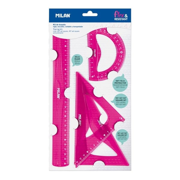Milan Flex & Resistant Acid, Protractor, Linjal, Trekant, 4 stykker, Rosa, 45° & 60°, Halvsirkel, 108 g