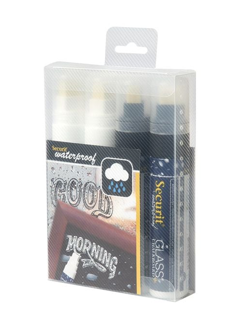 Securit Waterproof Glass + Chalkboard Markers, Large Nib, Wallet 4-Pack, 2 White/2 Black (SMA820-V4-BW), Svart, Hvit, Blokk, Luktfri, 4 stykker