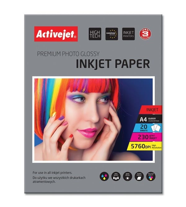 Activejet AP4-230G20, Gloss, 230 g/m², Blekkdyse, A4, 21x29.7 cm, Hvit Activejet AP4-230G20, Gloss, 230 g/m², Blekkdyse, A4, 21x29.7 cm, Hvit