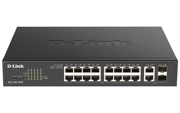 D-Link DGS 1100-18PV2 - Switch - smart - 16 x 10/100/1000 (PoE+) + 2 x kombo-Gigabit SFP - rackmonterbar - PoE+ (130 W)