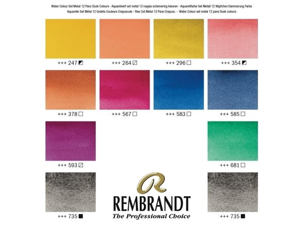 Rembrandt Professional Watercolour Paint, Metal Tin Set, 12 Pans + 1 Brush, Oxide Black Mixing/Dusk