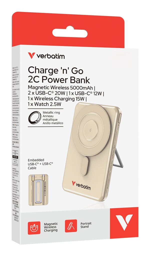 Verbatim Charge 'n' Go - Trådløs nødlader - magnetisk, to kabler - 5000 mAh - 38.5 Wh - 20 watt - 2.4 A - PD 3.0, Fast Charge, Apple 2.4A, QC 3.0 -...