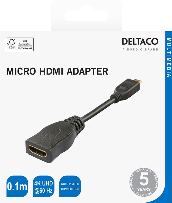 Deltaco HDMI - micro HDMI adapter, 0.1m, black, 0,1 m, HDMI Type A (Standard), HDMI Type D (Mikro), 3840 x 2160 piksler, Svart
