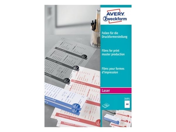 Avery 3491, Polyesteri, Läpinäkyvä, Laser, A4 (210×297 mm), PVC-muovi, 0,1 mm