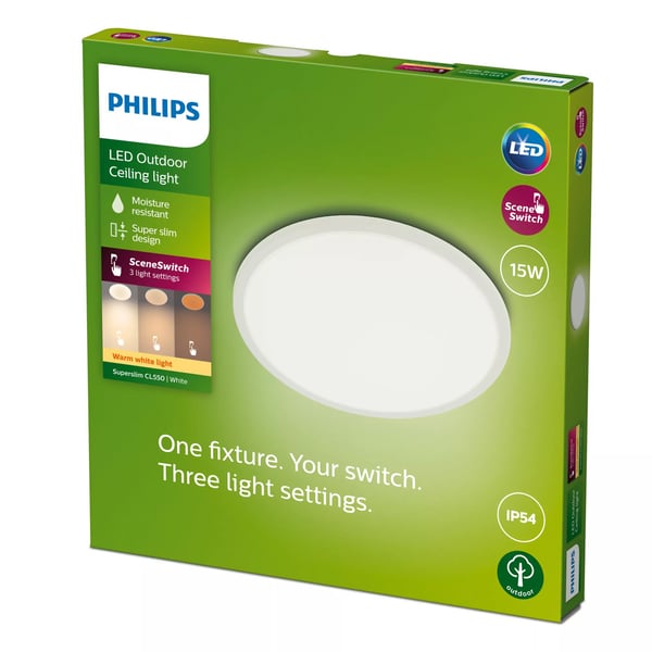 Philips Superslim-taklampe, 15 W, Hvit, Metall, Plast, IP54, Terrasse, Hage, II, Tidsriktig