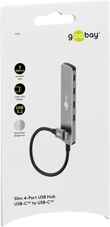 Goobay 79160, USB 3.2 Gen 1 (3.1 Gen 1) Typ-C, USB 3.2 Gen 1 (3.1 Gen 1) Typ-C, 5000 Mbit/s, Grå, Aluminium, Plast, 0,1 m