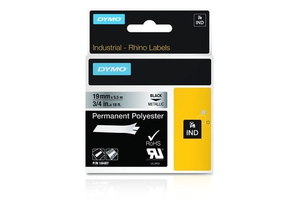 Teksttape, Dymo Rhino Industrial, polyester, 19 mm, sort/metal