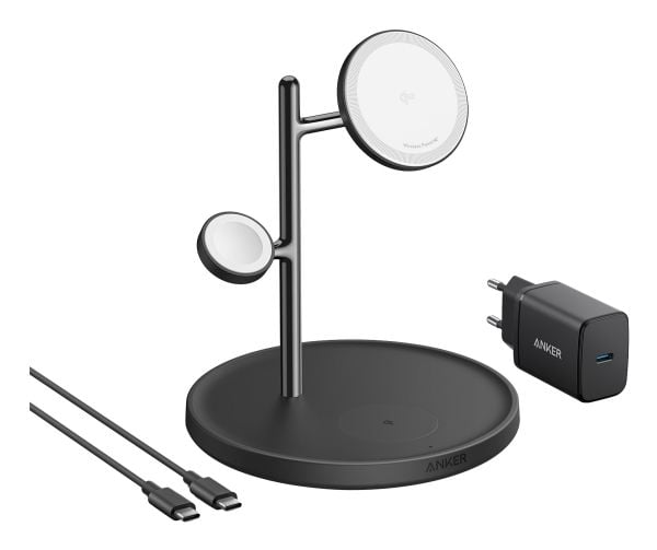 Anker MagGo - Trådlös laddningsplatta - 3-i-1 + växelströmsadapter - 25 Watt - 3 utdatakontakter (trådlös laddning) - svart