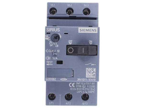 Siemens 3RV1011-1EA10 Katkaisija 1 kpl 3 x katkaisija Asetusalue (virta): 2,8 - 4 A Kytkentäjännite (max.): 690 V/AC (L x K x S) 45 x 90 x 81 mm (L...