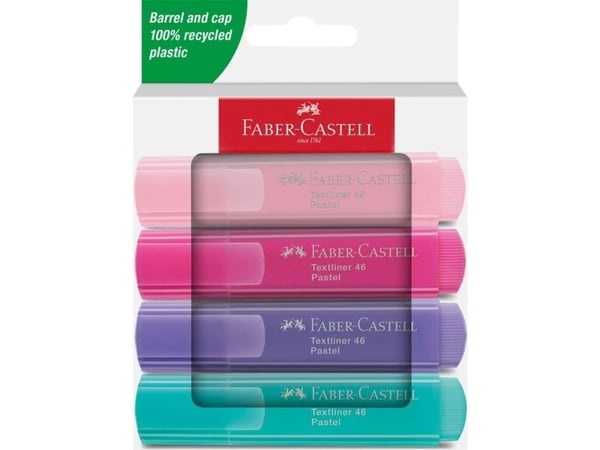 Faber-Castell Textliner 46 Pastell, 4 stykker, Lyserosa, Rosa, Lilla, Turkis, Resirkulert plast, 1 mm, 5 mm, Vann-basert blekk