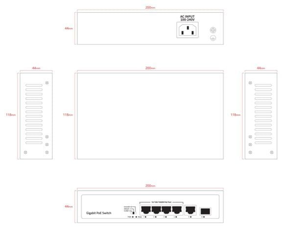Ernitec - Switch - ikke-styrt - 4 x 10/100/1000 (PoE) + 1 x 10/100/1000 + 1 x Gigabit SFP - stasjonær - PoE