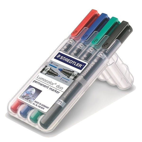 STAEDTLER Lumocolor duo - Kaksoiskärkinen tussi - pysyvä - musta, punainen, sininen, vihreä - 1,5 mm / 0,6 mm - keskikokoinen / hieno (4 kpl pakkaus)