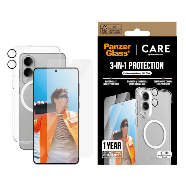 PanzerGlass ® | CARE™ by ® 3-in-1 Bundle Samsung S25 Edge, Samsung, Samsung - Galaxy S25 Edge 5G, Asennus kuivana, Naarmuuntumisenkestävä, Iskunkes...