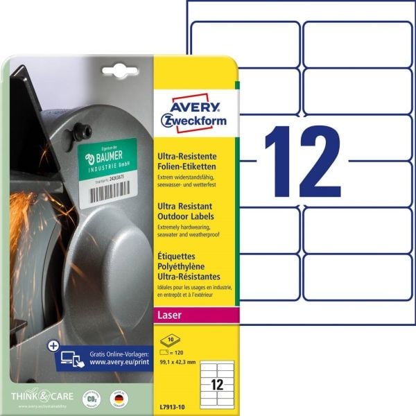 Avery L7913-10, Hvit, Avrundet rektangel, Permanent, 99.1 x 42.3 mm, A4, Polyethylen