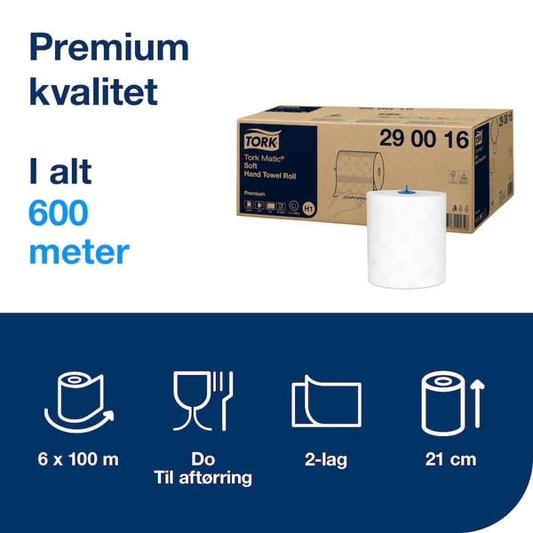 Håndklæderuller Tork H1 Matic® Soft Premium 2-lag 100m hvid - (6 ruller pr. karton)