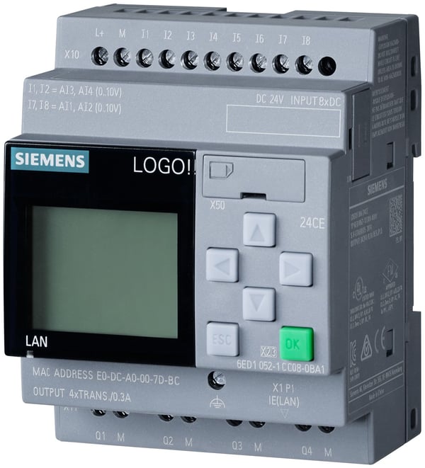 LOGO! 24CE, logiikkamoduuli, näyttö PU/I/O: 24V/24V/24V transistori, 8DI (4AI)/4DO
