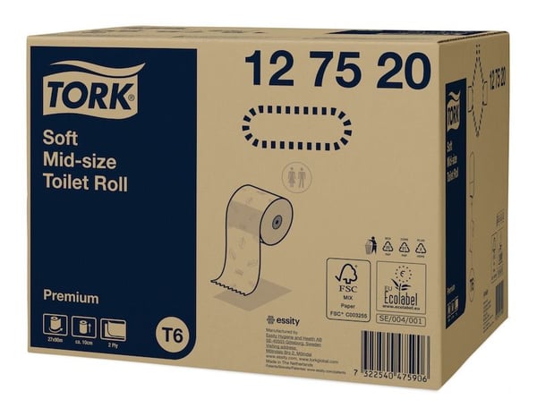 Toiletpapir Tork Soft Mid-Size T6 Premium 2-lag hvid 90m - (27 ruller pr. karton)