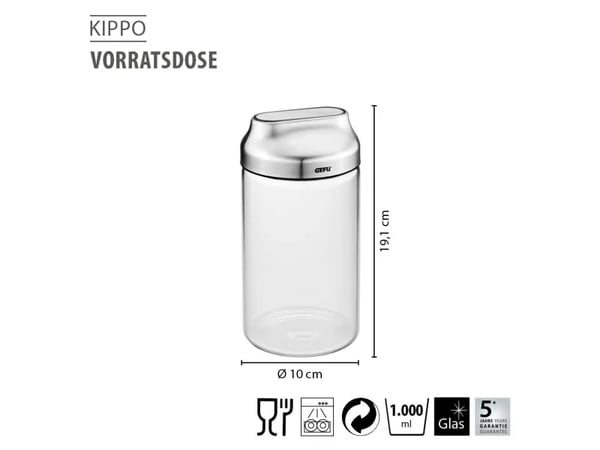 GEFU KIPPO, Purkki, Pyöreä, 1 L, Ruostumaton teräs, Läpinäkyvä, Borosilikaattilasi, Ruostumaton teräs, Kiertäminen