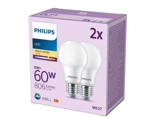 Philips LED - LED - glaserad finish - E27 - 8 W (motsvarande 60 W) - klass F - varmt vitt ljus - 2700 K (paket om 2)