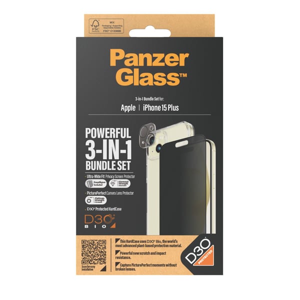 PanzerGlass ® 3-in-1 Privacy Bundle iPhone 15 Plus, Apple, Apple - iPhone 15 Plus, Asennus kuivana, Iskunkestävä, Läpinäkyvä, 1 kpl