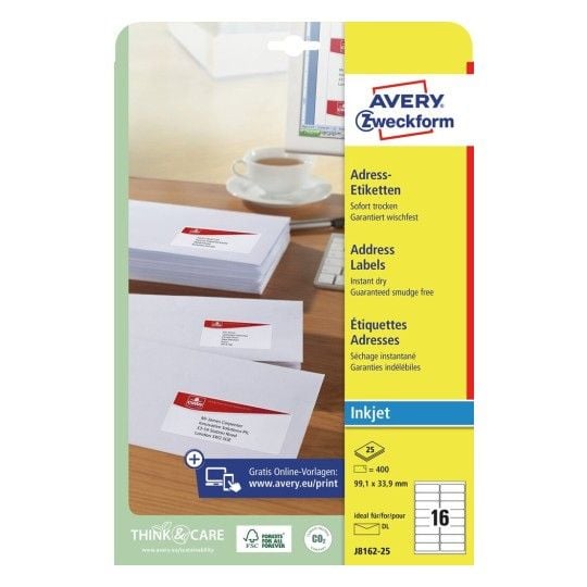 Avery - Hvit - 99.1 x 33.9 mm 400 etikett(er) (25 ark x 16) adresselapper