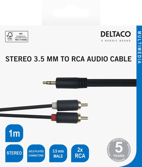 DELTACO - Lydkabel - 3,5 mm telefonjakk hann til RCA x 2 hann - 1 m - svart