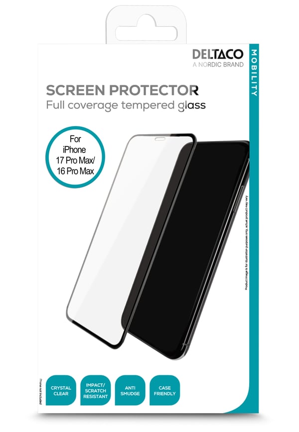 DELTACO - Skjermbeskyttelse for mobiltelefon - full pasning - glass - rammefarge svart - for Apple iPhone 16 Pro Max, 17 Pro Max