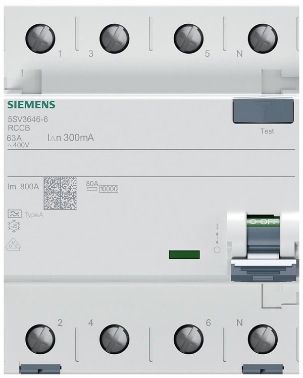SIEMENS vikavirtasuojakatkaisija tyyppi A 63A 3-napainen + nolla 300mA laukaisuvirta 400V 4 moduulin leveys