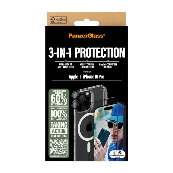 PanzerGlass ® 3-in-1 Protection Bundle iPhone 16 Pro, Apple, Apple - iPhone 16 Pro, Asennus kuivana, Naarmuuntumisenkestävä, Iskunkestävä, Läpinäky...