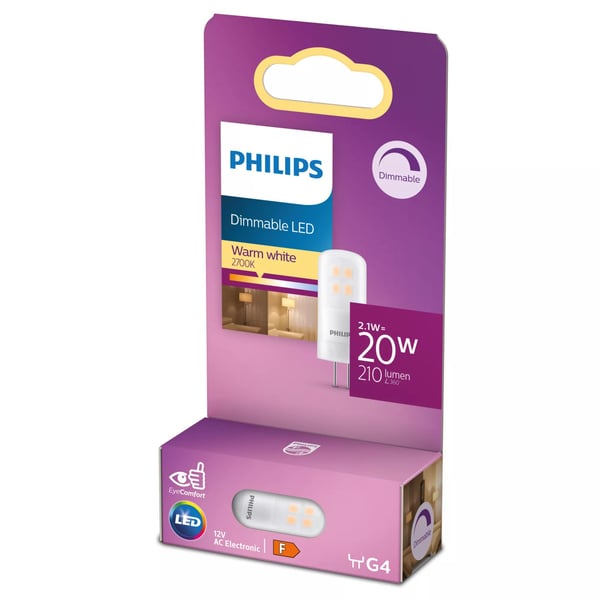 Philips CorePro - LED-lyspære - form: kapsel - mattslipt finish - G4 - 2.1 W (ekvivalent 20 W) - klasse F - varmt hvitt lys - 2700 K