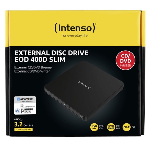 Intenso EOD 400D Slim - Platestasjon - DVD±RW (±R DL) / DVD-RAM - 8x/5x - USB 3.2 Gen 1 - ekstern - svart