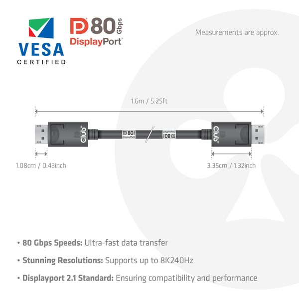Club 3D - DisplayPort-kabel - DisplayPort (hann) låst til DisplayPort (hann) låst - DisplayPort 2.1 - 1.6 m - 8K 60Hz støtte, toretnings, 4K 240Hz ...
