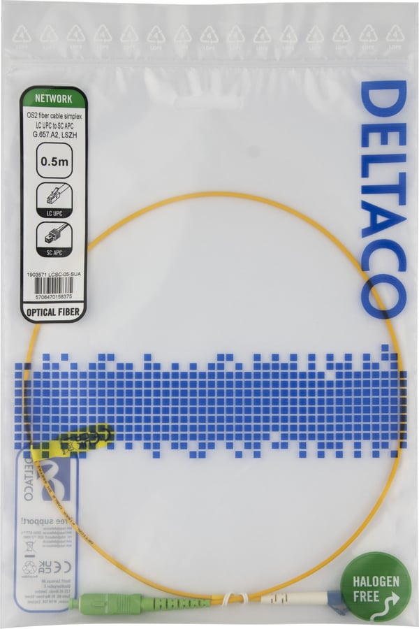 DELTACO - Nettverkskabel - LC/UPC-enkeltmodus (hann) til SC/APC-enkeltmodus (hann) - 50 cm - 0.5 m - fiberoptisk - simpleks - 9 / 125 micron - OS2 ...