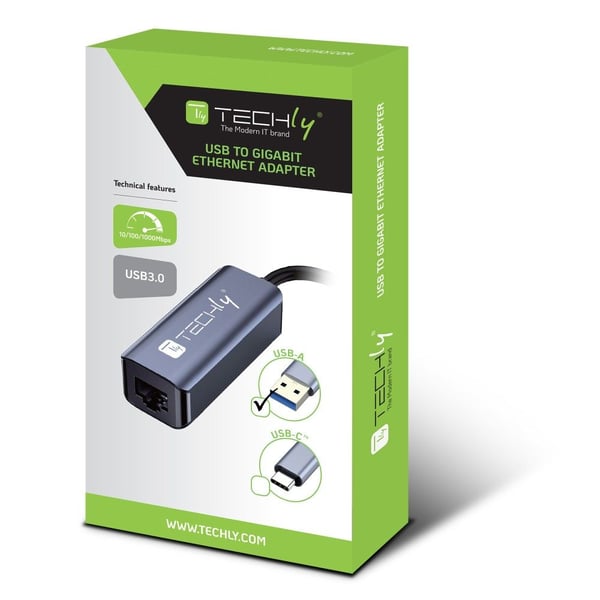 Techly IDATA USB-ETGIGA-AA, trådbunden, USB 3.2 Gen 1 (3.1 Gen 1) Typ-A, 10,100,1000 Mbit/s, svart, silver, aluminium, USB